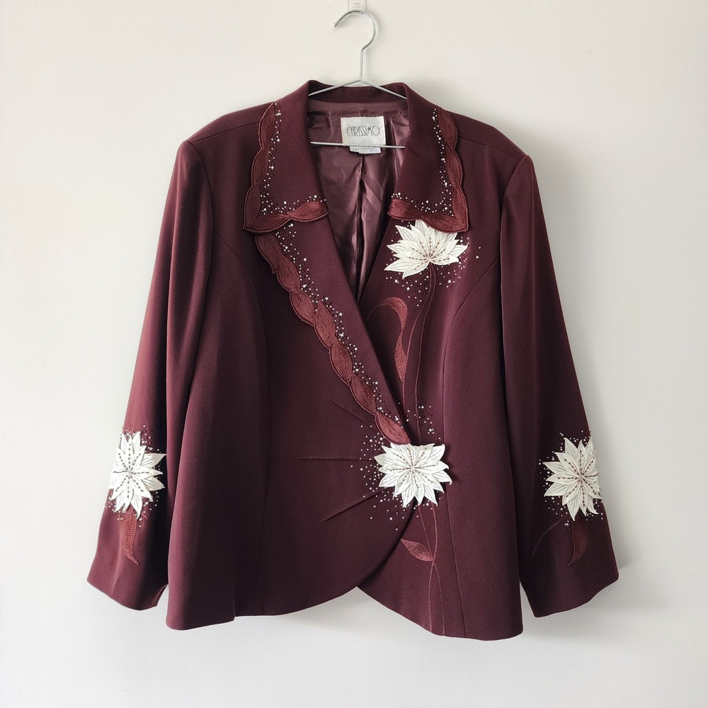 Carissimo Blazer Women 24 Burgundy Floral Beaded Formal Evening Special Occasion